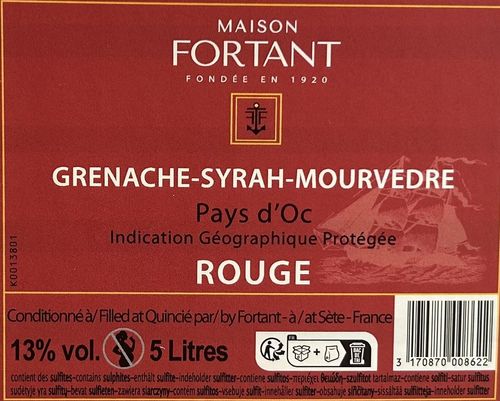 Bag In Box 5 L  Grenache Syrah Mourvèdre Pays d'OC Maison Fortant