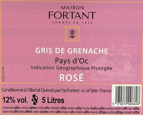 Bag In Box 5L Grenache Gris Rosé IGP Pays d’Oc Maison Fortant